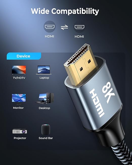 CABNEER 8K HDMI Cable 2 ft 2Pack, 48Gbps High Speed HDMI 2.1 Cable, Braided HDMI Cable 2.1 8K 60Hz 4K 120Hz Support for HDR eARC HDCP 2.2/2.3, HDMI Cord Compatible with HDTV, Laptop, Monitor, PC