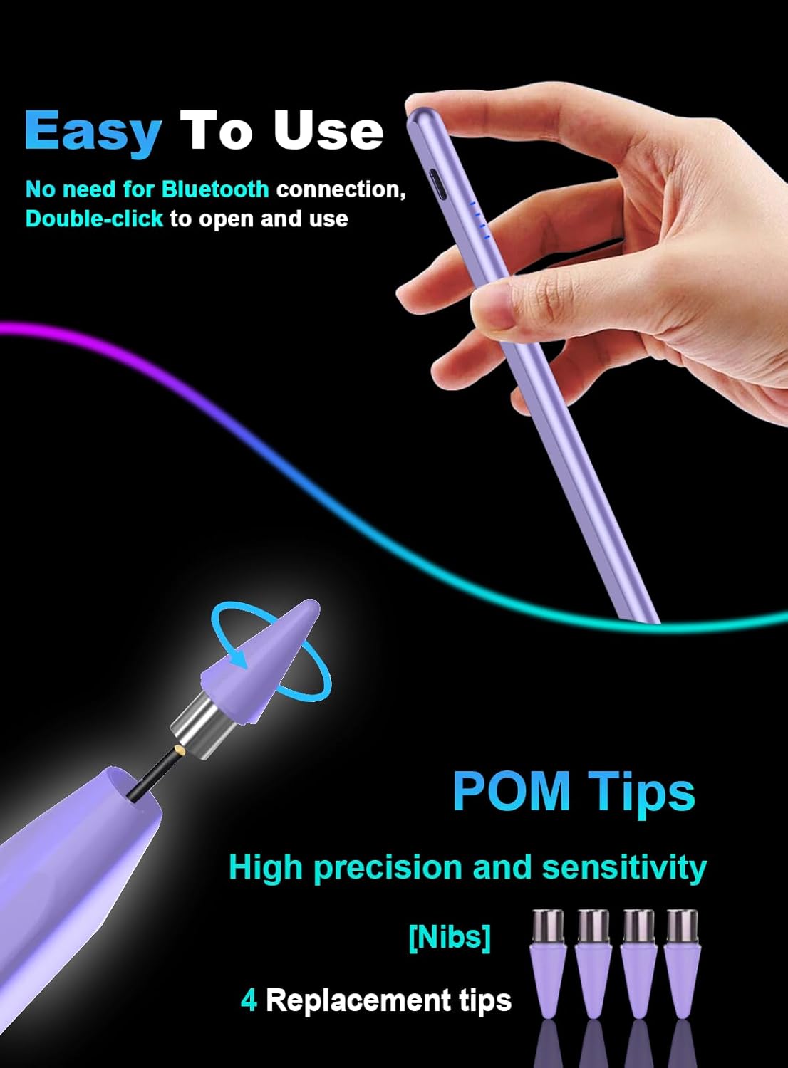 Stylus Pen for Android Tablet/Phone Pom Tips Fast Charge Stylus Pen for iPhone Magnetic Active Pencil Compatible with Samsung A9+, iPhone, Lenovo and Other Android Smartphone and Tablet Devices-Purple