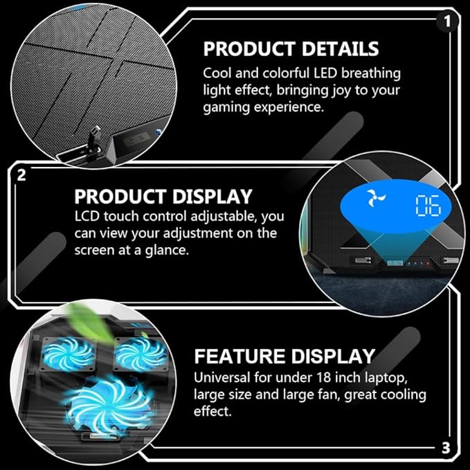 RGB Laptop Cooling Pad Adjustable Height USB Powered Quiet Fan LED Light Base for Gaming and Work