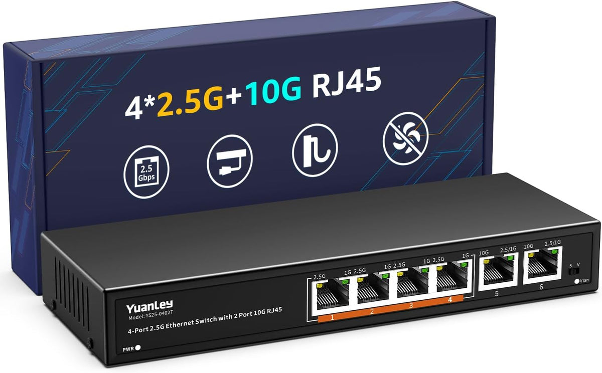 6 Port 10G Ethernet Switch Unmanaged, 4 x 2.5G Base-T Ports, 2 x 10Gb RJ45 Ports, Compatible with 100/1000/2500Mbps, Metal Fanless, VLAN, YuanLey 2.5Gbe Network Switch for 2.5G/10G NAS, Wireless AP