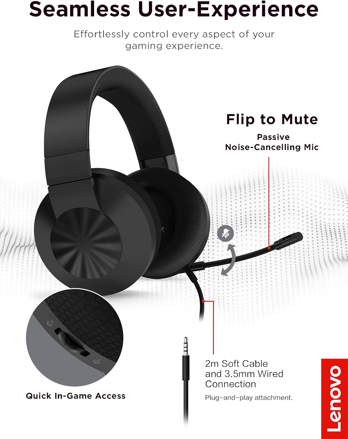 Lenovo H210 Wired Gaming Headset - 3.5mm Connection, Flip-to-Mute Noise-Cancelling Microphone, Breathable Ear Cups - Black