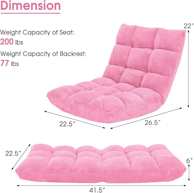 MAT EXPERT Floor Chair with Back Support Floor Gaming Chair w/ 14 Adjustable Position Soft Coral Fleece&ampAlloy Steel Frame Foldable Padded Lazy Couch Recliner for Meditating (Pink Large)