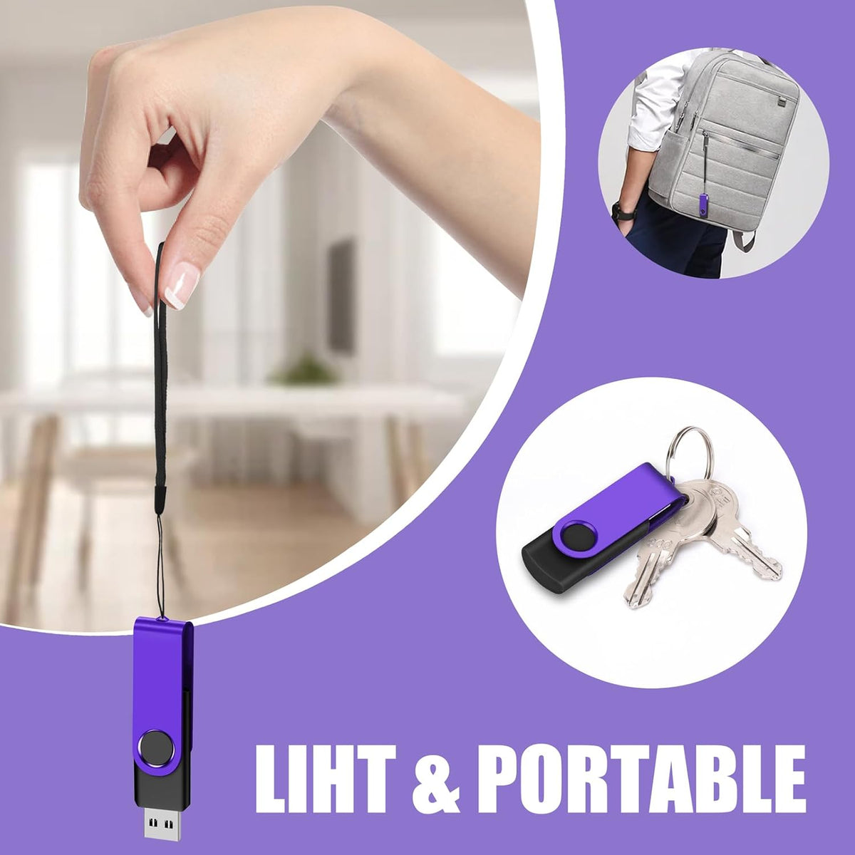 EASTBULLUSB Flash Drive Bulk 16GB 20 Pack with Lanyards USB 2.0 Thumb Drive Bulk Memory Stick Swivel Pen Drive for Storage and Backup 16GB 20 Pack, Purple