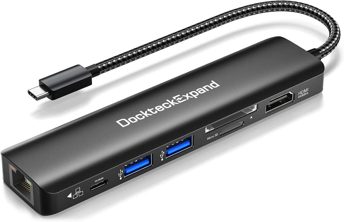 USB C Hub Multiport Adapter, DockteckExpand USB C Dongle 7 in 1 with 4K 60Hz HDMI Port, 1Gbps Ethernet, 100W PD, 2 USB 3.0 Ports, SD/TF Card Reader for MacBook iPad HP Dell XPS and More