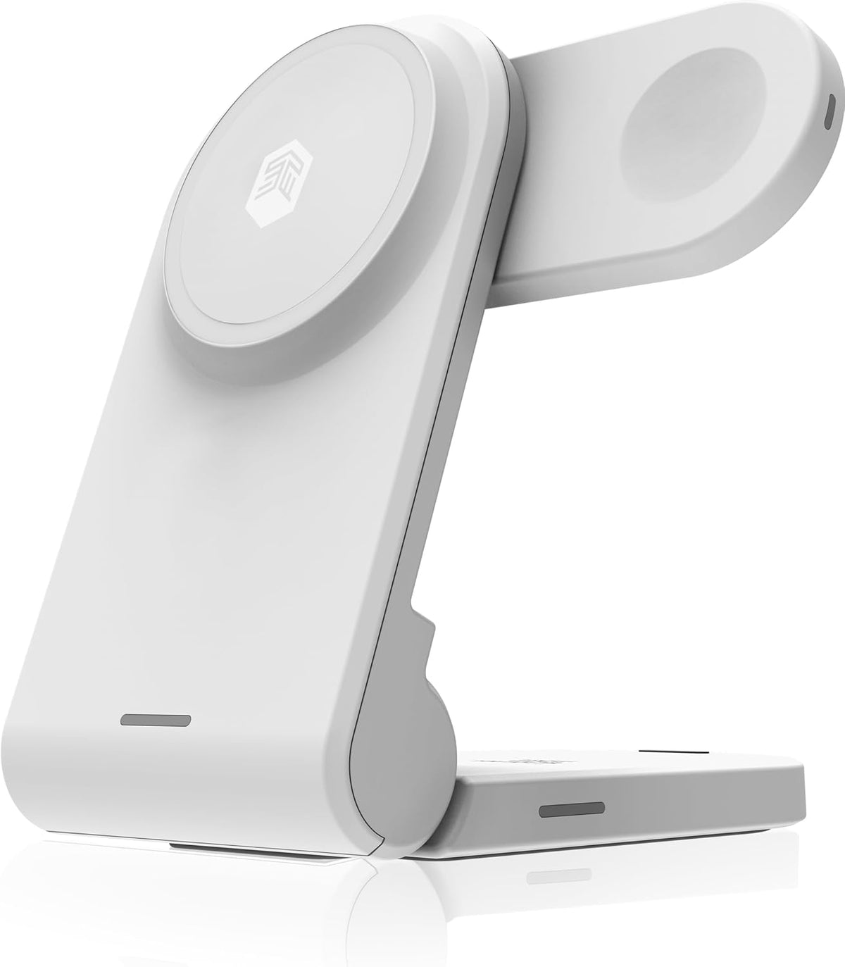 STM ChargeTree Mag: 3-in-1 MagSafe Wireless Charging Station for iPhone 16, 15, 14, 13, & 12 Series, Apple Watch, and AirPods - Foldable and Space-Saving Dock - White
