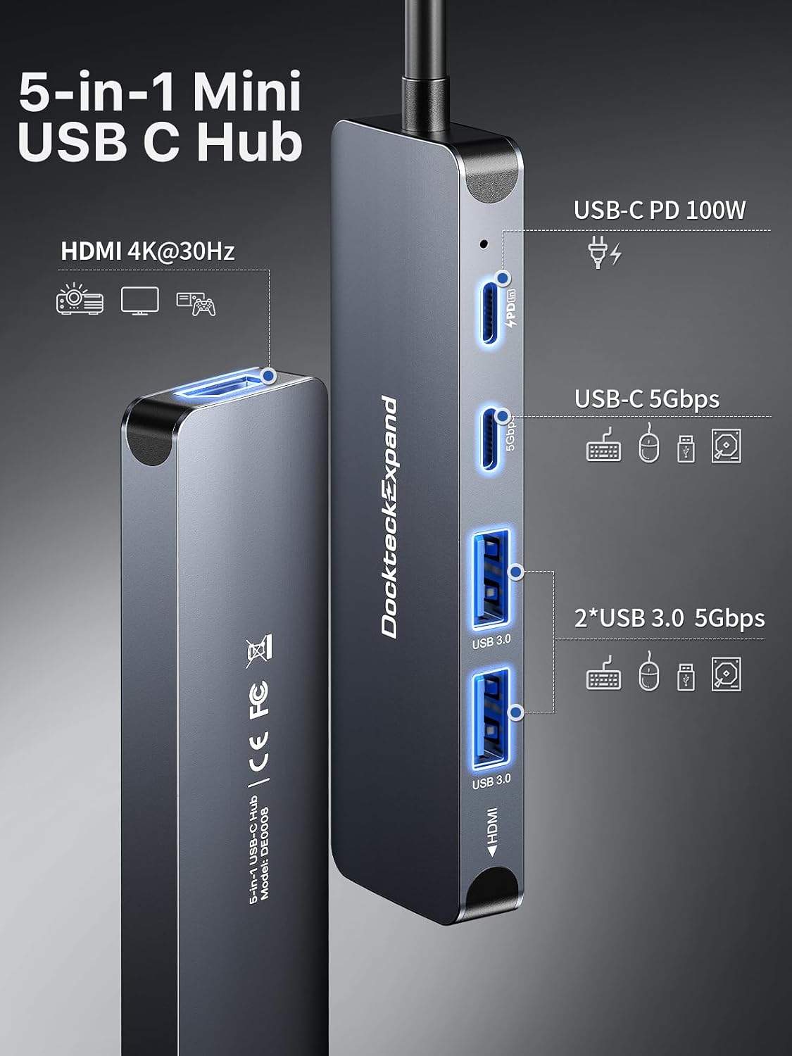 USB-C Hub 5-in-1 with 4K HDMI, 100W Power Delivery, 5Gbps USB-C Data Port and 2 5Gbps USB-A Data Ports for MacBook Pro/Air, iPad Pro/Air, Dell XPS
