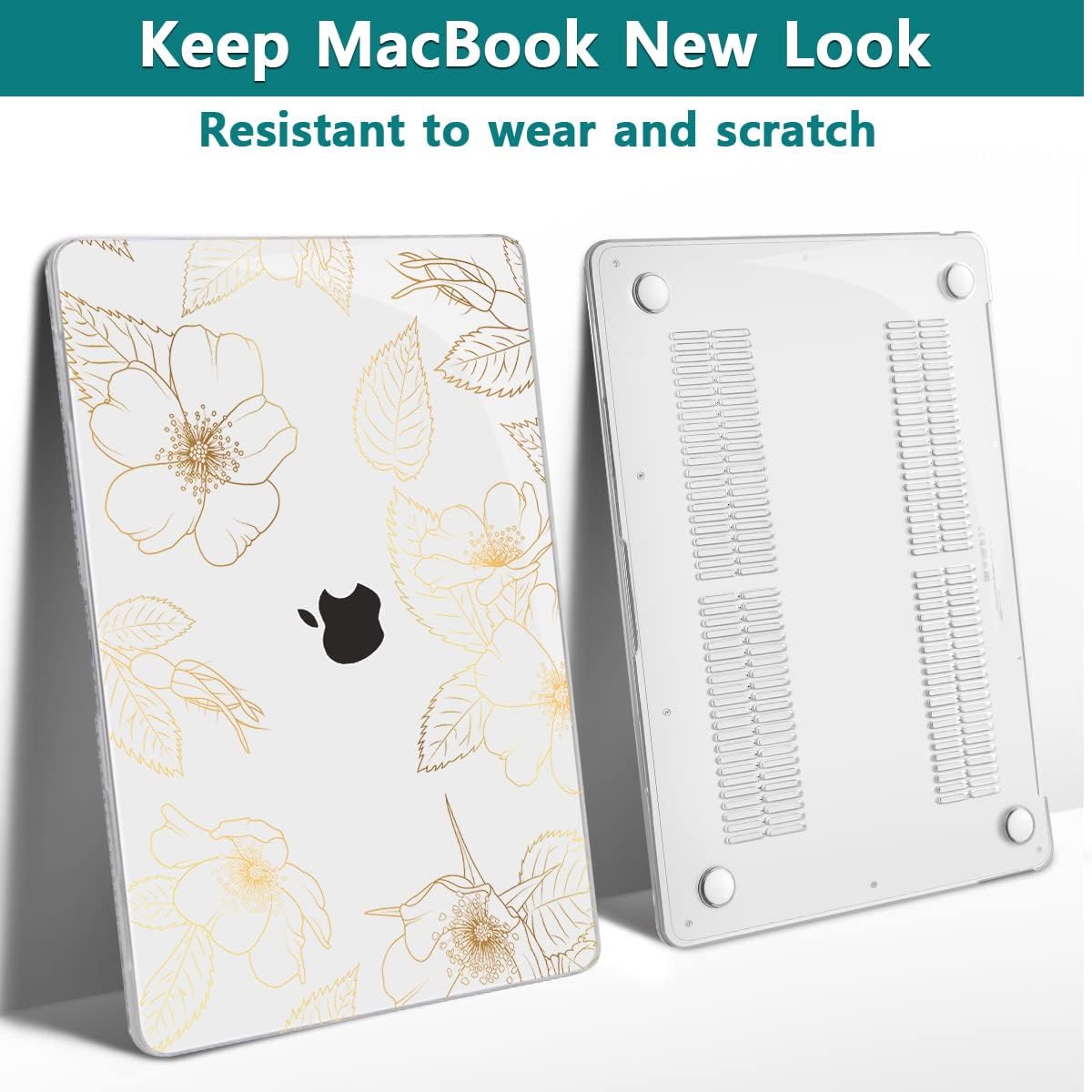 Teryeefi for 2022 2020 MacBook Pro 13 inch Case M2/M1 Chip (Model A2338 A2289 A2251 with Touch Bar), Plastic Hard Shell Case & Keyboard Cover & Screen Protector, Gold Floral Leaf