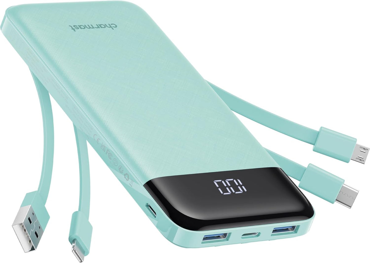 charmast Portable Charger with Built in Cables, Power Bank with Cords Wires, Slim 10000mAh Travel Battery Pack 6 Outputs 3 Inputs 3A Fast Charging for Samsung Google Pixel LG Moto iPhone iPad