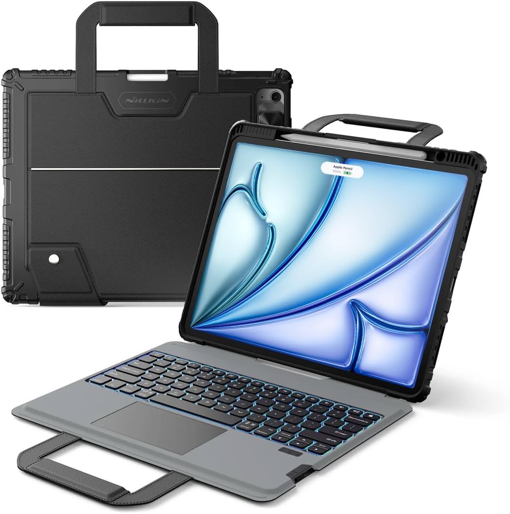 Nillkin Carry Go Keyboard Case for iPad Air 13 inch (M3/M2) with Handle, iPad Pro 12.9 (3rd/4th/5th/6th Gen) Rugged Case with Detachable Keyboard, Magic Trackpad, 7 Colors Backlit, Camera Cover, Black