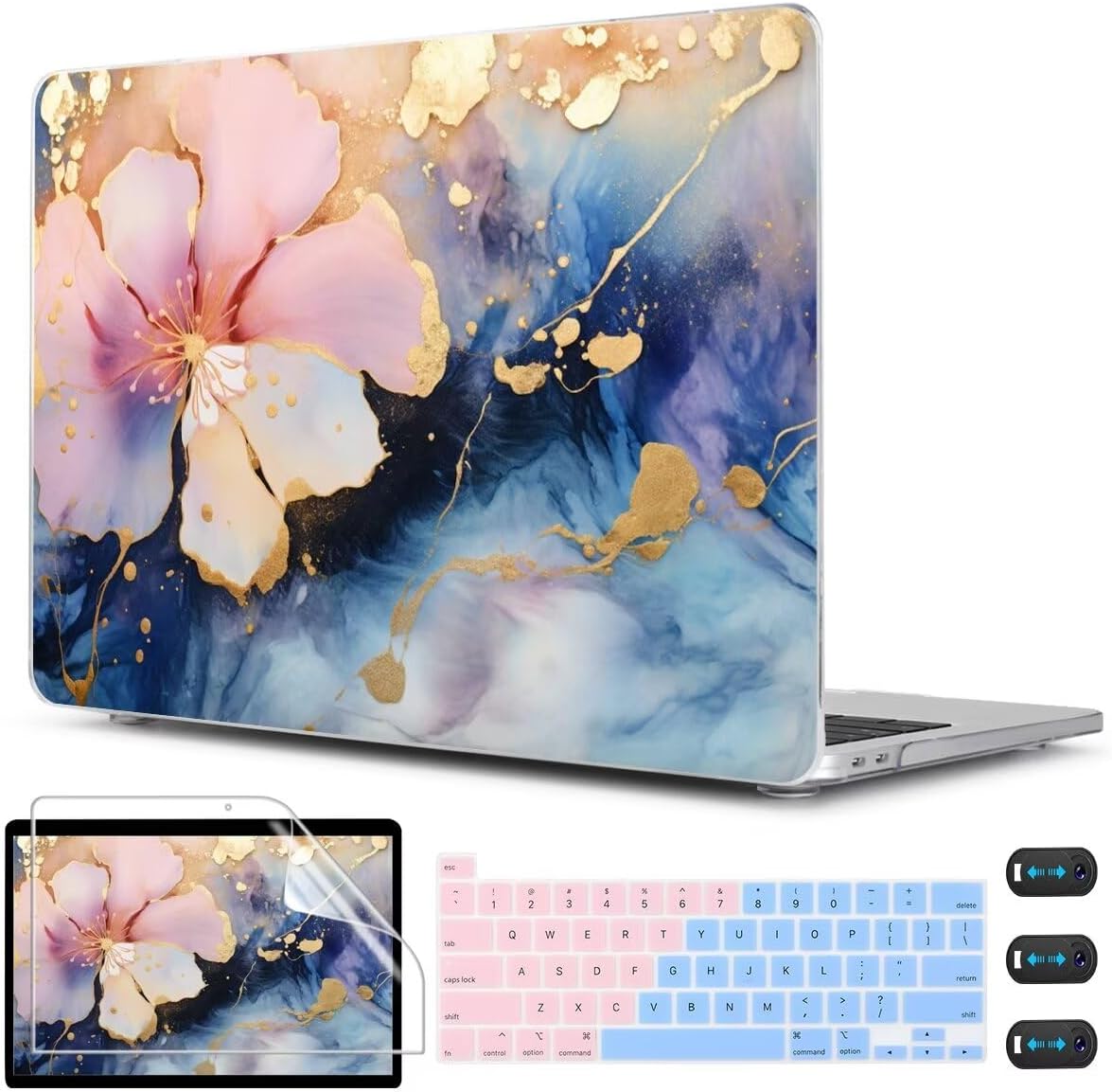 CISSOOK Compatible with MacBook Pro 13 inch Case M2 M1 A2338 A2251 A2289 2025-2020, Plastic Hard Shell Case & Keyboard Cover & Screen Film for MacBook Pro 13-inch with Touch Bar, Marble Flower
