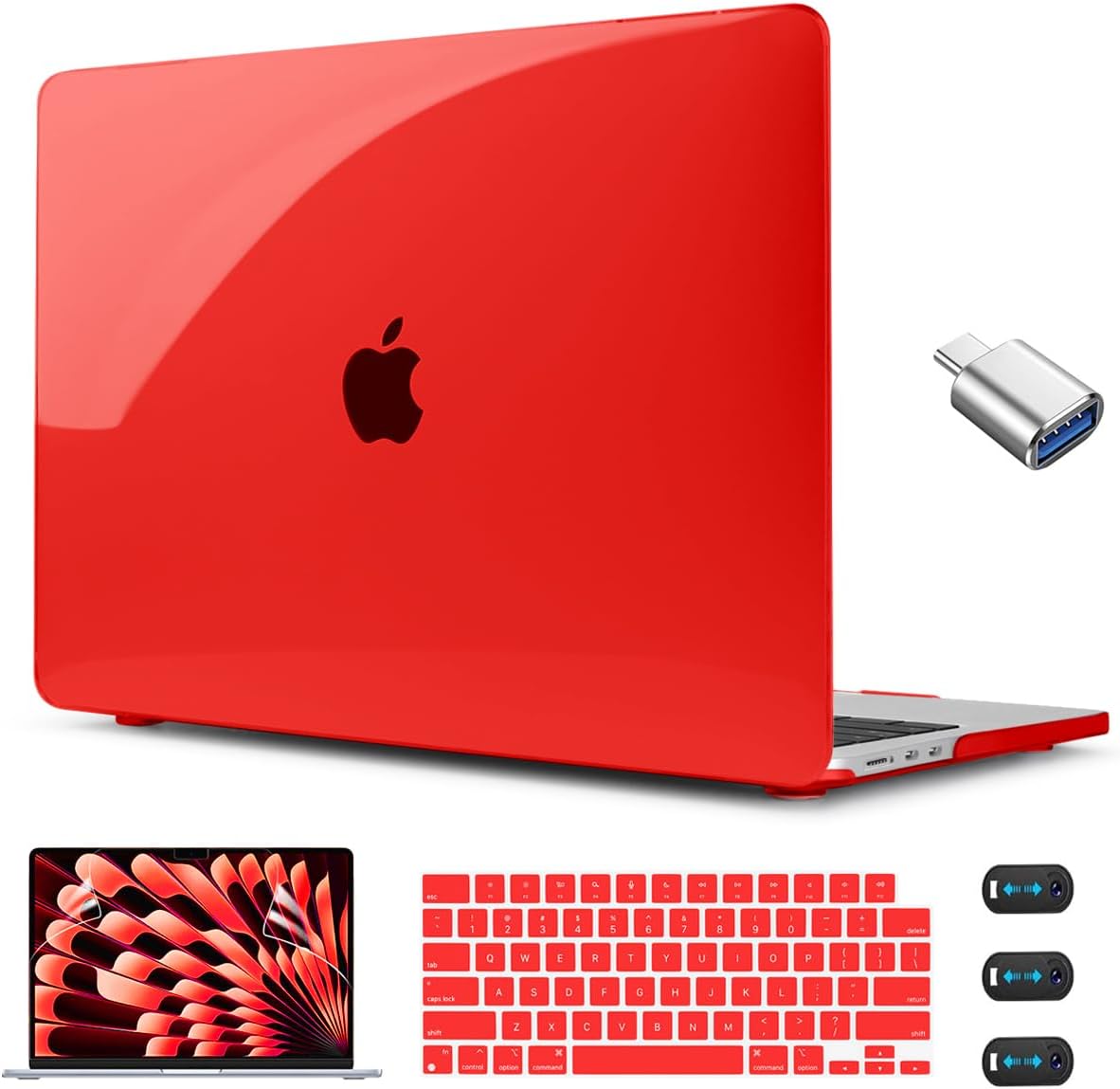 CISSOOK Compatible with MacBook Air 13.6 inch Case A3240 A3113 A2681 2025 2024 2022 Released, Plastic Hard Shell Case with Keyboard Cover USB Adapter for MacBook Air 13 M2 M3 M4, Crystal Red