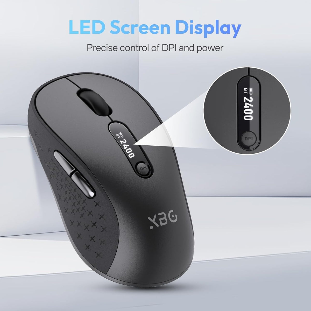 XBG B15pro Wireless Bluetooth Mouse, Bluetooth 5.0/4.0 & 2.4G Tri-Mode, Type-C Rechargeable with LED Screen Display, Ergonomic Silent Click for Laptop/PC/Tablet, Multi-Device & Office Use