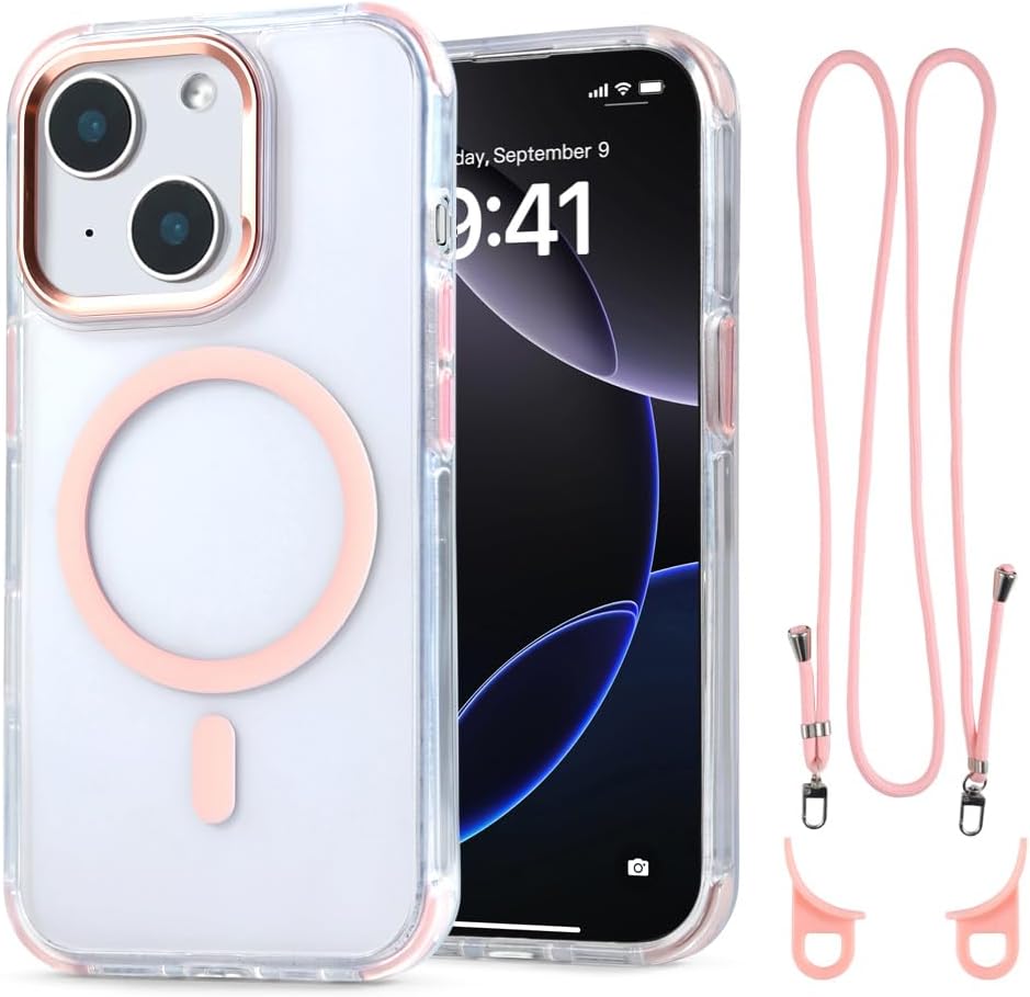 for iPhone 13/14 Case with 62.99 inch Lanyard, Classic Clear&Pink Magnetic Phone Case, Drop&Shockproof Protection Cases, Phone Lanyard for Around The Neck, Compatible with Magnet Accessory