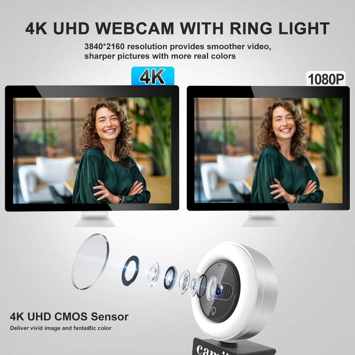4K Webcam with Light, HD Webcam for PC with Remote Control, Built-in Privacy Cover, Adjustable Brightness, Noise Reduction Mics, for Zoom Skype Teams Laptop and Google Meet