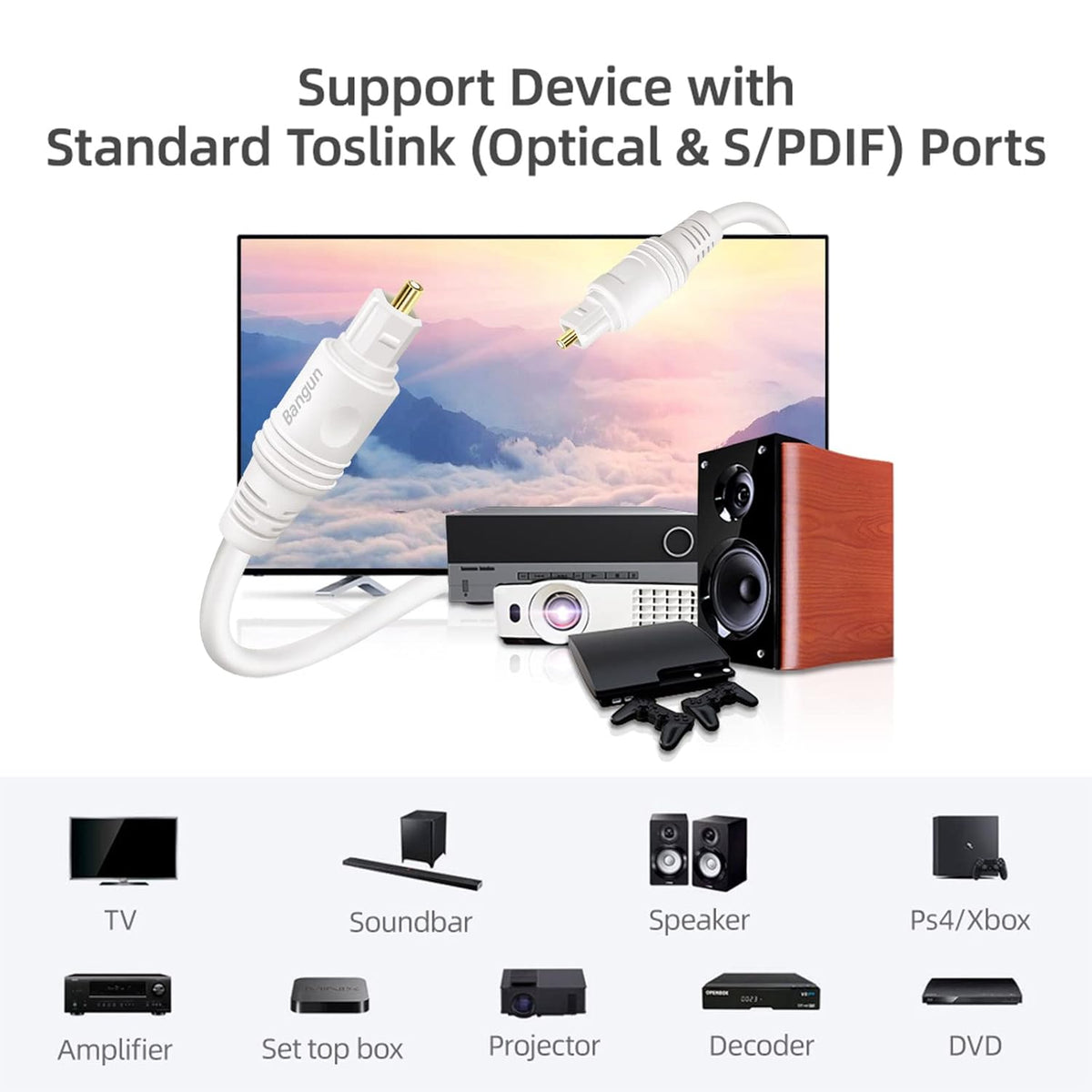 60 Bar/TV/PS4/Xbox feet White Optical Audio Cable, Slim Toslink Digital Fiber Optic Audio Cord for Sound