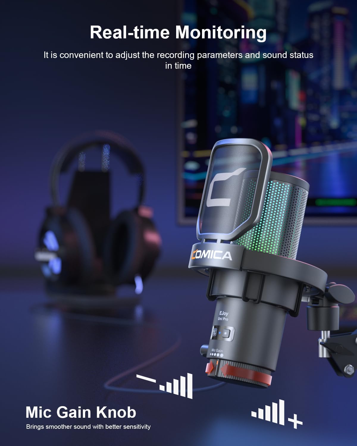 COMICA Ejoy Uni PRO(A) USB Wireless Microphone with Noise Cancellation, RGB Lights, Monitoring, Muting, Boom Arm Mic for Computer, PS5, PS4, Streaming, Podcast, Chat, Twitch, Discord