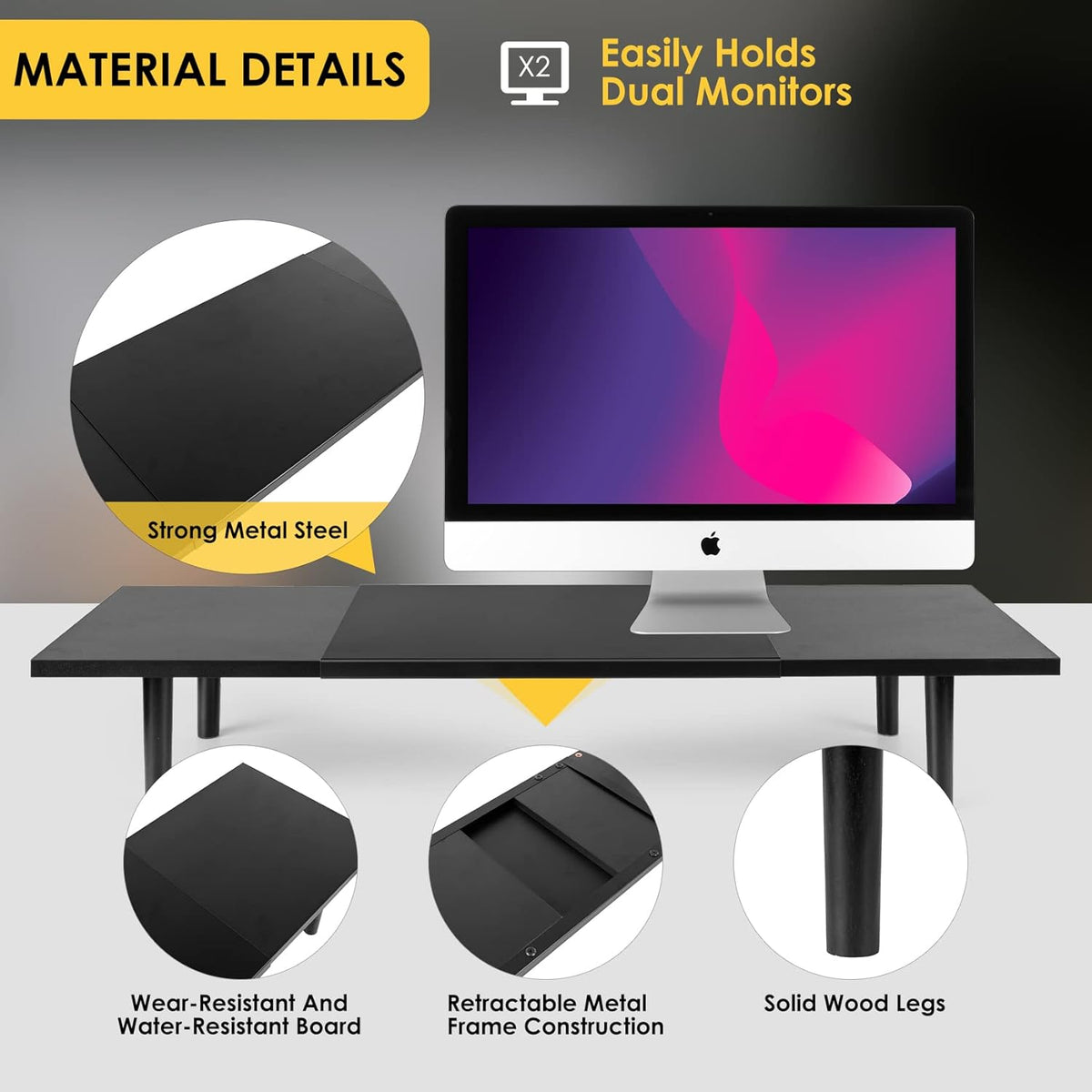 Dual-Monitor-Stand-Riser-For-Desk Adjustable Length 32-40 Inch，Large Desktop Computer Monitor Riser For 2 Screens，Desk Shelf Organizer Riser Stand For Computer/Laptop/PC/Printer/TV Black