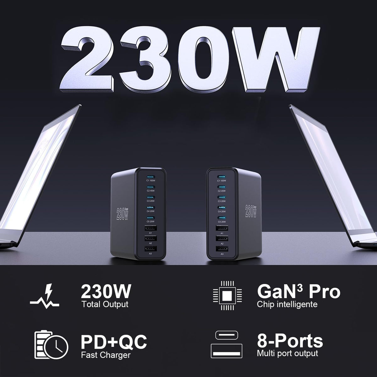 230W USB C Charging Station, Graaci Compact 8 Ports GaN Desktop Charger, PD 100W PPS 45W Super Fast Charger, Laptop Wall Charger Block for MacBook Pro, iPad, iPhone 15/14, Galaxy S24/S23, and More