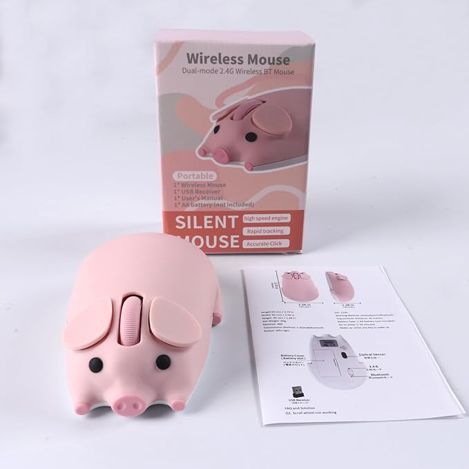 Cute Bluetooth Wireless Mouse with 2.4GHz USB Receiver Cartoon Pig Dual Mode Computer Mouse Silent Clicks Optical Mice for Laptops Mac iPad PC Chromebook Office Students Home Gift(Pink)