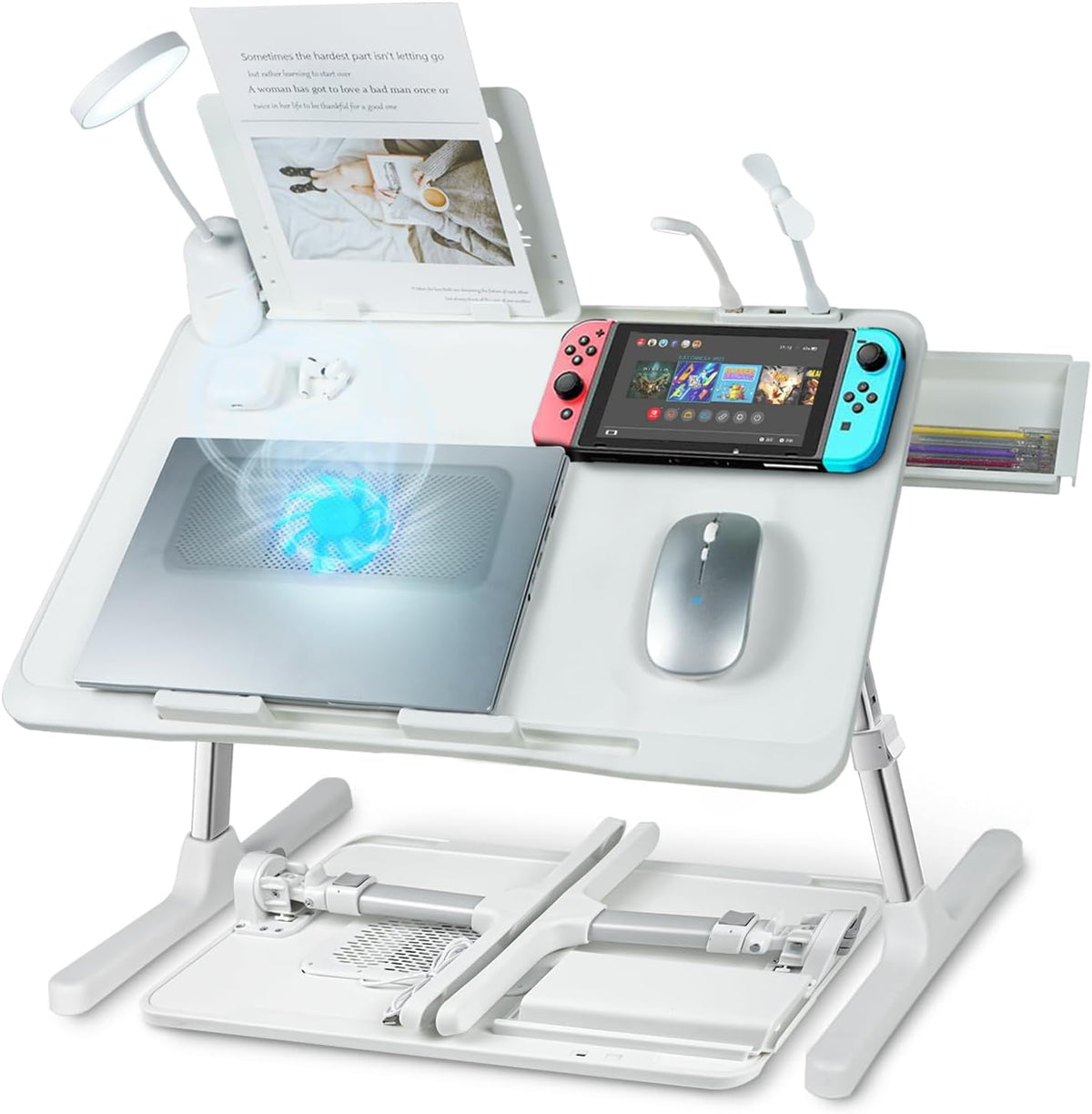 Laptop Lap Desk with Cooling Fan - Adjustable with Light, USB, Storage Drawer - Folding Bed Desk,22.04"*12.59",White