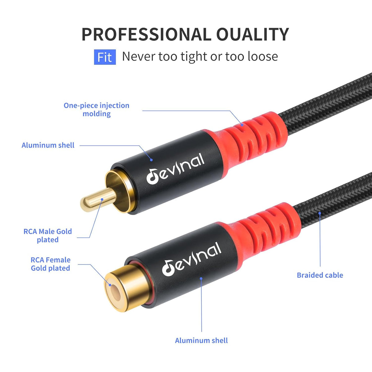 evinal RCA Female to Male Extension Cable - Premium Audio Extender Cord for High Sound Quality & Durability, Compatible with Home Theater, TV, Soundbar - 6.6ft/2m