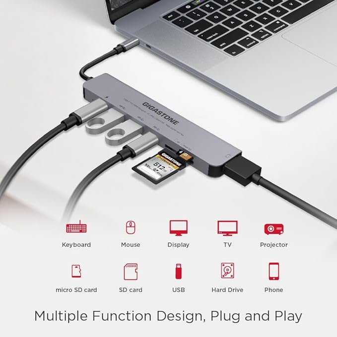 【USB C Hub】 Gigastone Multiport Adapter 7-in-1 USB C Docking Station with 4K HDMI 100W Power Delivery USB-C&amp 2 USB 3.0 SD &amp MicroSD Reader for MacBook Air/Pro Chromebook Zenbook Surface