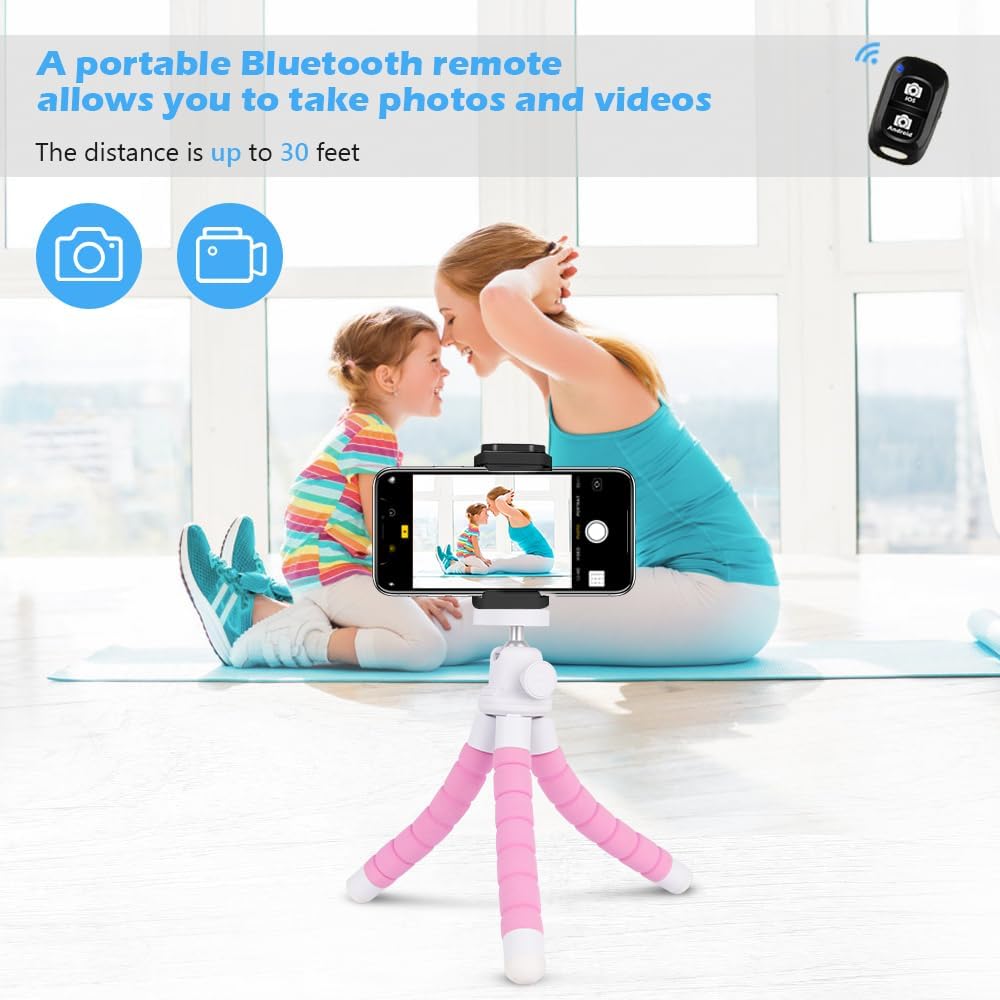 Ubeesize Portable Tripod Stand with Wireless Remote & Clip, Flexible Phone Holder for Video Recording (Pink)