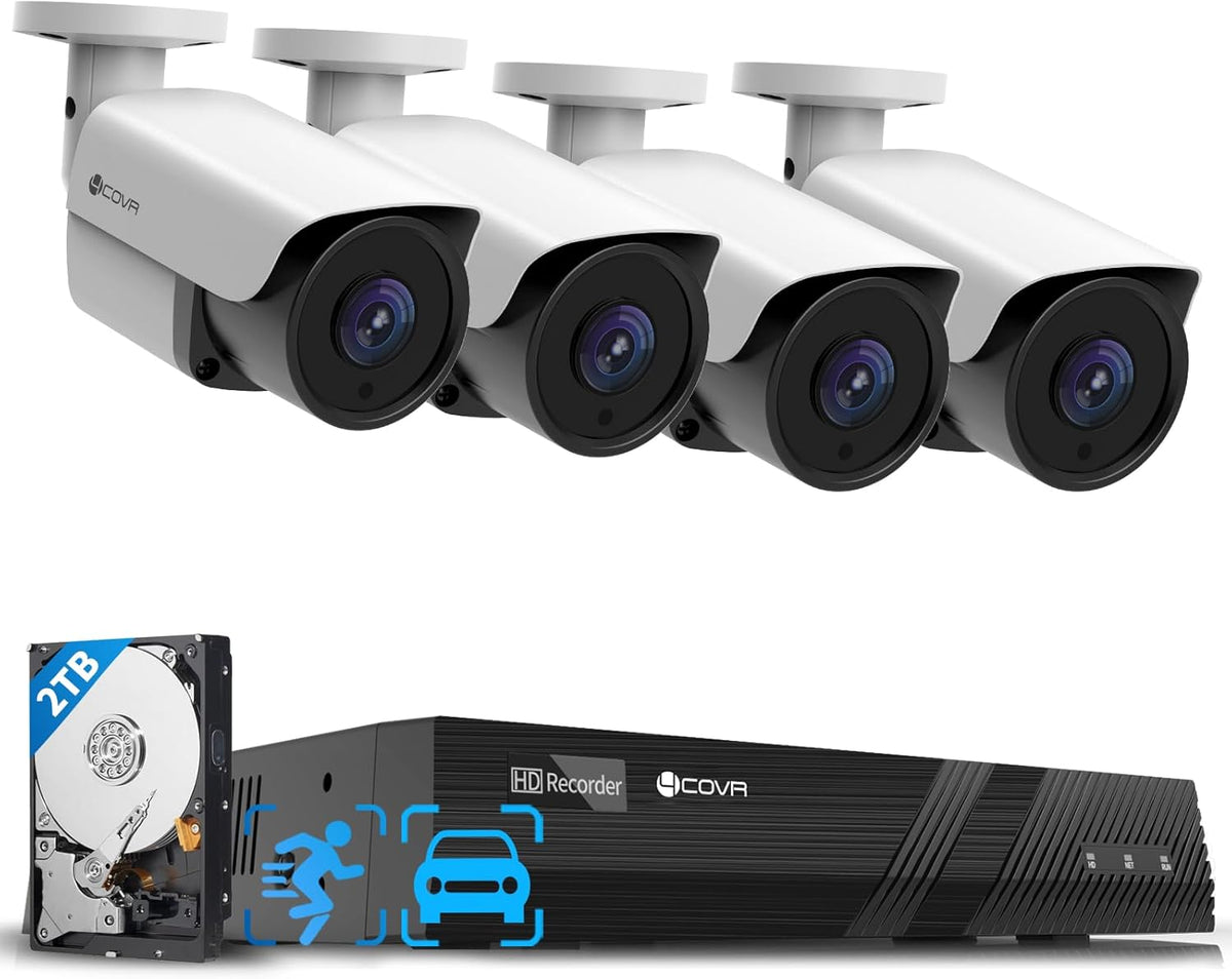 4COVR Wired Security Camera System, 8CH 8MP H.265 Ultra HD NVR 2TB HDD, 4Pcs Bullet 8MP Wired PoE IP Camera with Audio, IP67 Home Weatherproof, Person Vehicle Detection & Night Vision, LY37EX8M0804