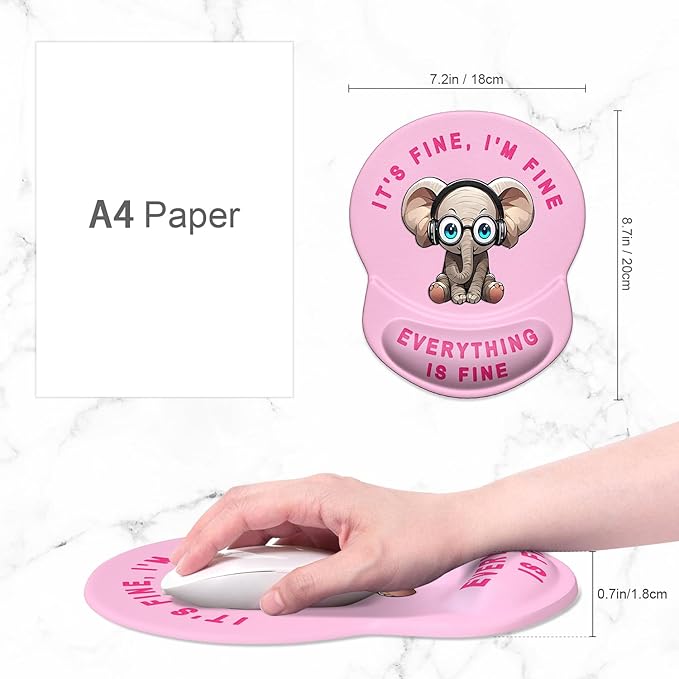 ITNRSIIET Ergonomic Mouse Pad with Gel Wrist Support Small Wrist Rest Smooth Surface Non-Slip PU Base Comfortable Office Supplies Pain Relief, 8.7 x 7.2 inches, Pink Pretty Elephant
