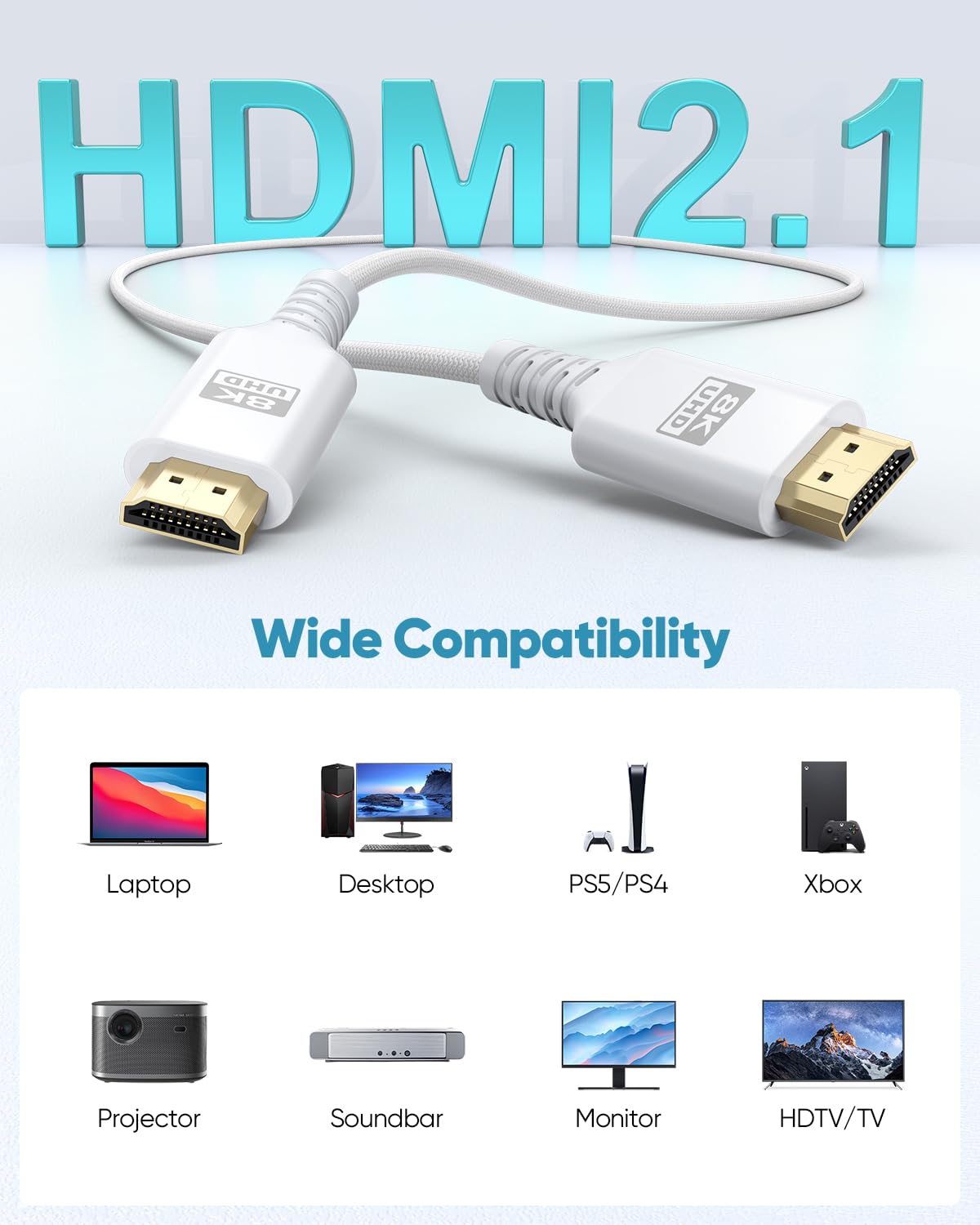 8K 15 48Gbps 2.1 8K@60Hz, 4K@120Hz, HDR10+, Dolby, 3D, HDCP2.3 Laptop/Monitor/HDTV/Soundbar/Blu-ray/PS5/Xbox White HDMI