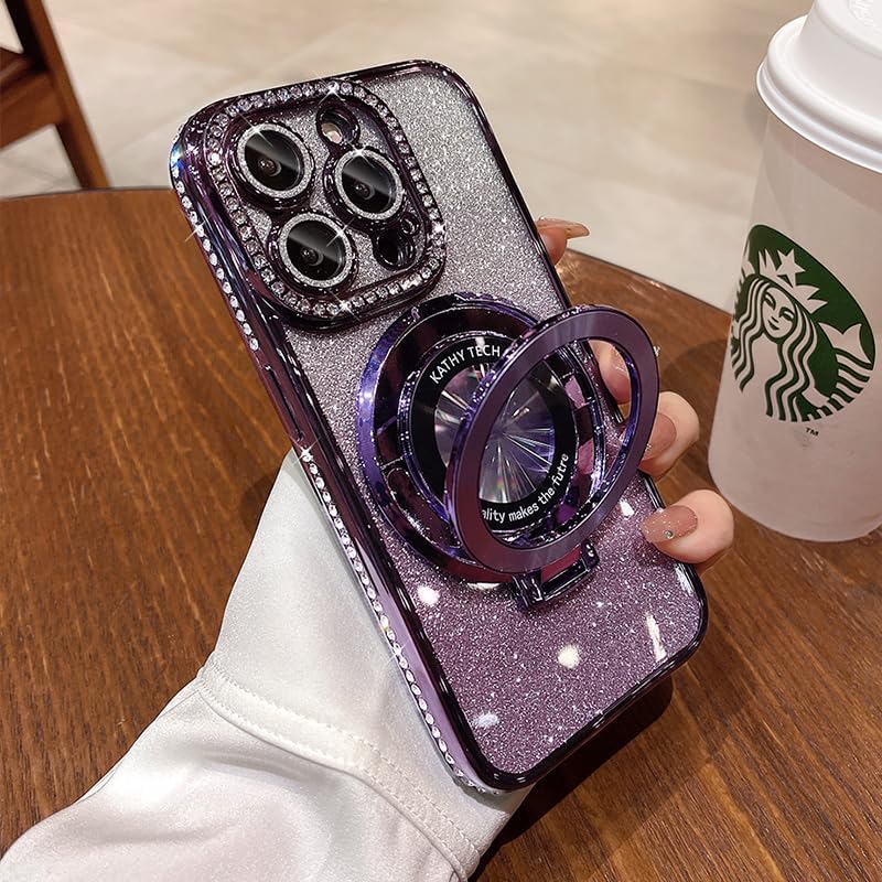 Magnetic Kickstand (Glitter Lens Protector ) Case for iPhone 16 15 14 13 Pro Max (Compatible with Magsafe ) Sparkling Diamond Cover Glitter Shiny Rhinestone Cases (Purple,for iPhone 16 Pro Max)