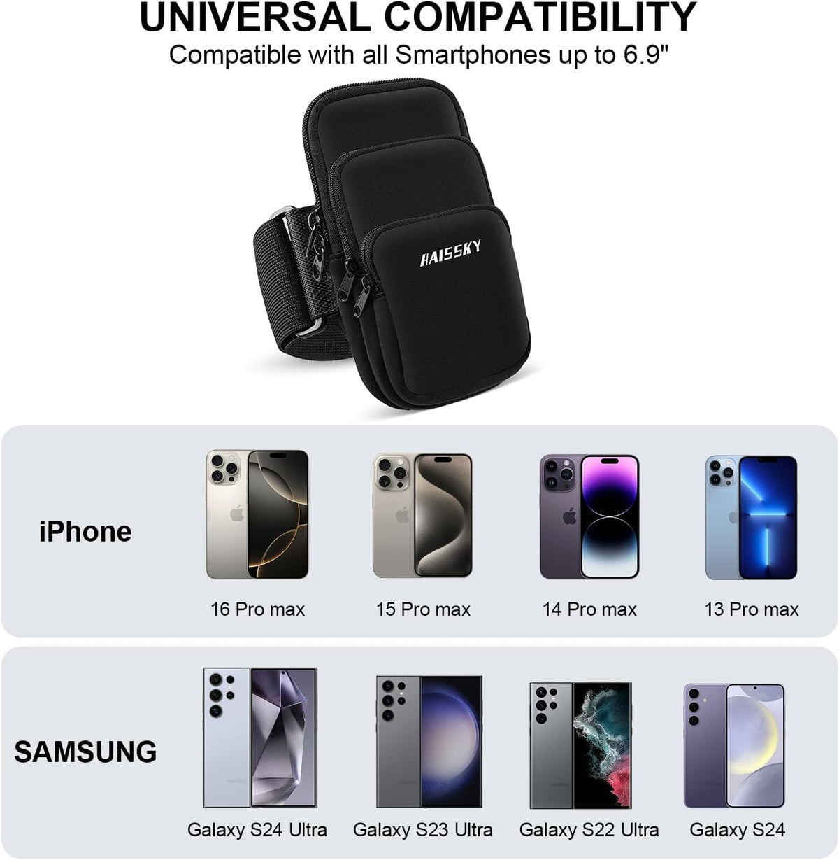 3 Pockets Running Phone Armband Holder for iPhone 16 15 14 Pro Max 13 Plus 12 11 XS XR X 8 7 Galaxy S23 Pouch Key Card Bag, Water Resistant Cell Phone Sport Arm Bands for Exercise Walking Workout Gym