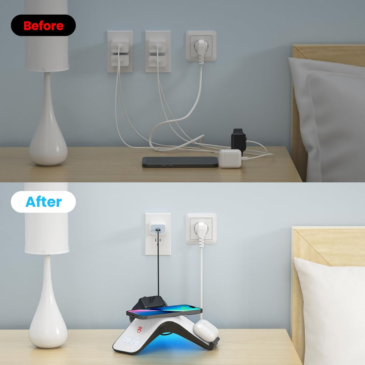YLF Fast Wireless Charger Station 5 in 1 with Adapter - Wireless Phone Charger Stand with LED and Bluetooth Clock for Samsung Galaxy S23 Ultra/S23/S22/S21(Grey)