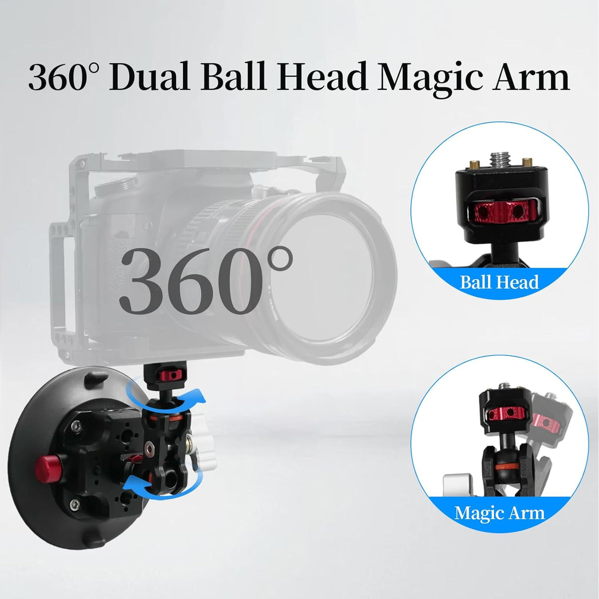 FIFIELD 4.5in Suction Cup Camera Mount with Aluminum Ball Head Magic Arm, 1/4" ARRI Holes, Quick Release Car Mount with Phone Holder & Action Cam Adapter Compatible with DJI Pocket 3 Insta360 iPhone