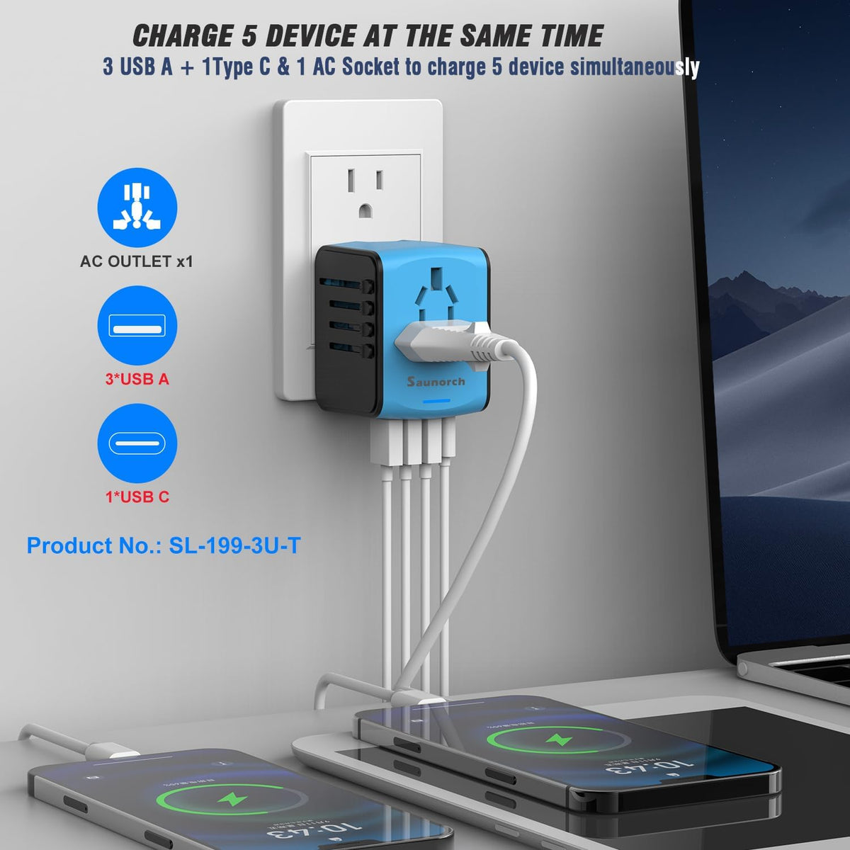 Travel Adapter Worldwide, Universal International Power Plug Adapter W/2.4A 3xUSB-A and 3.0A Type-C Wall Charger, European Travel Plug Adapter for Europe UK EU US CA AU Italy Asia-Blue