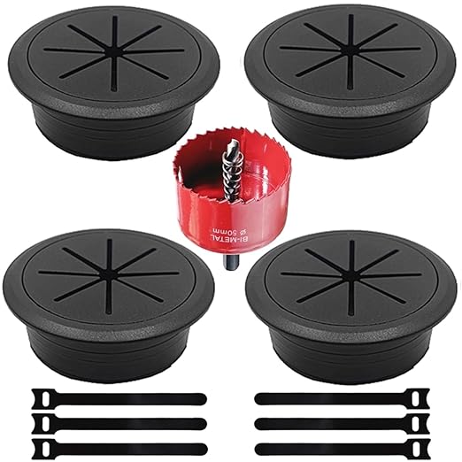 4 Pack Desk Grommet 2 Inch (50 mm), Desk Hole Cover for Cables, Black Desk Cord Hole Cover for Office Home Table, Cable Grommet with 1 Hole Saw Drill Attachment & 6 Cable Ties