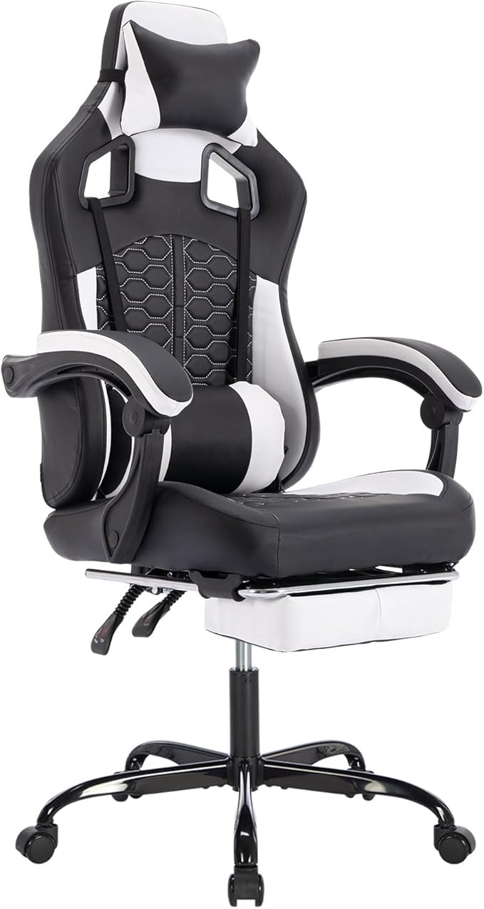 Gaming Chair Ergonomic Computer Chair with High Back Office Computer Chair with Footrest and Massage Lumbar Support Height Adjustable Swivel Video Game Chair (Black White 1)