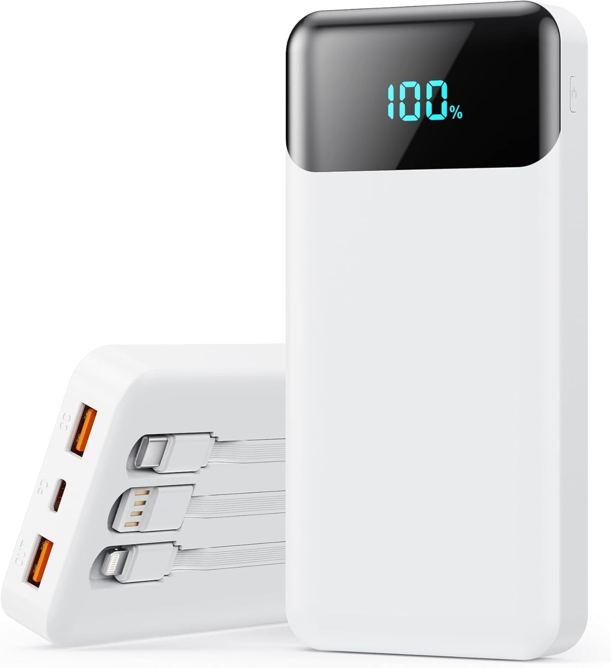 Portable Charger 40800mAh with 3 Built-in Cables,PD 25W USB C in&Out Power Bank Fast Phone Charging,QC4.0 LED Display 5 Outputs External Battery Pack Compatible with iPhone 16/15,Samsung Android-White