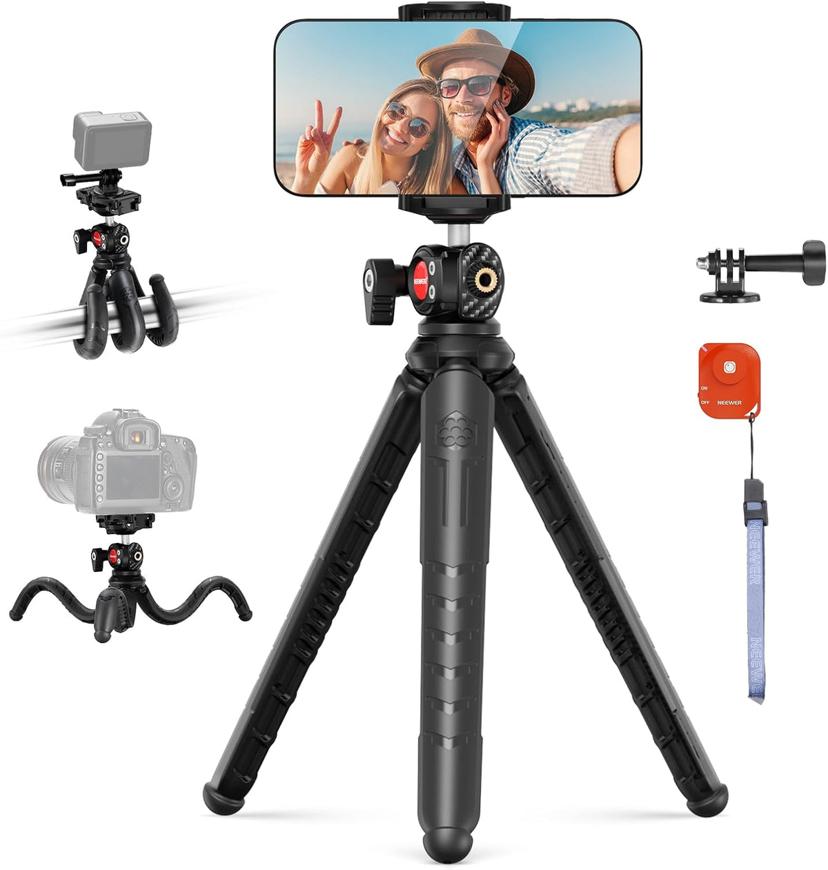 NEEWER Tripod for iPhone with Remote, Mini Flexible Phone Tripod Stand Vlog Selfie Stick with Phone Holder & Action Camera Adapter Compatible with iPhone GoPro Insta360 Samsung Digital Camera, TP35