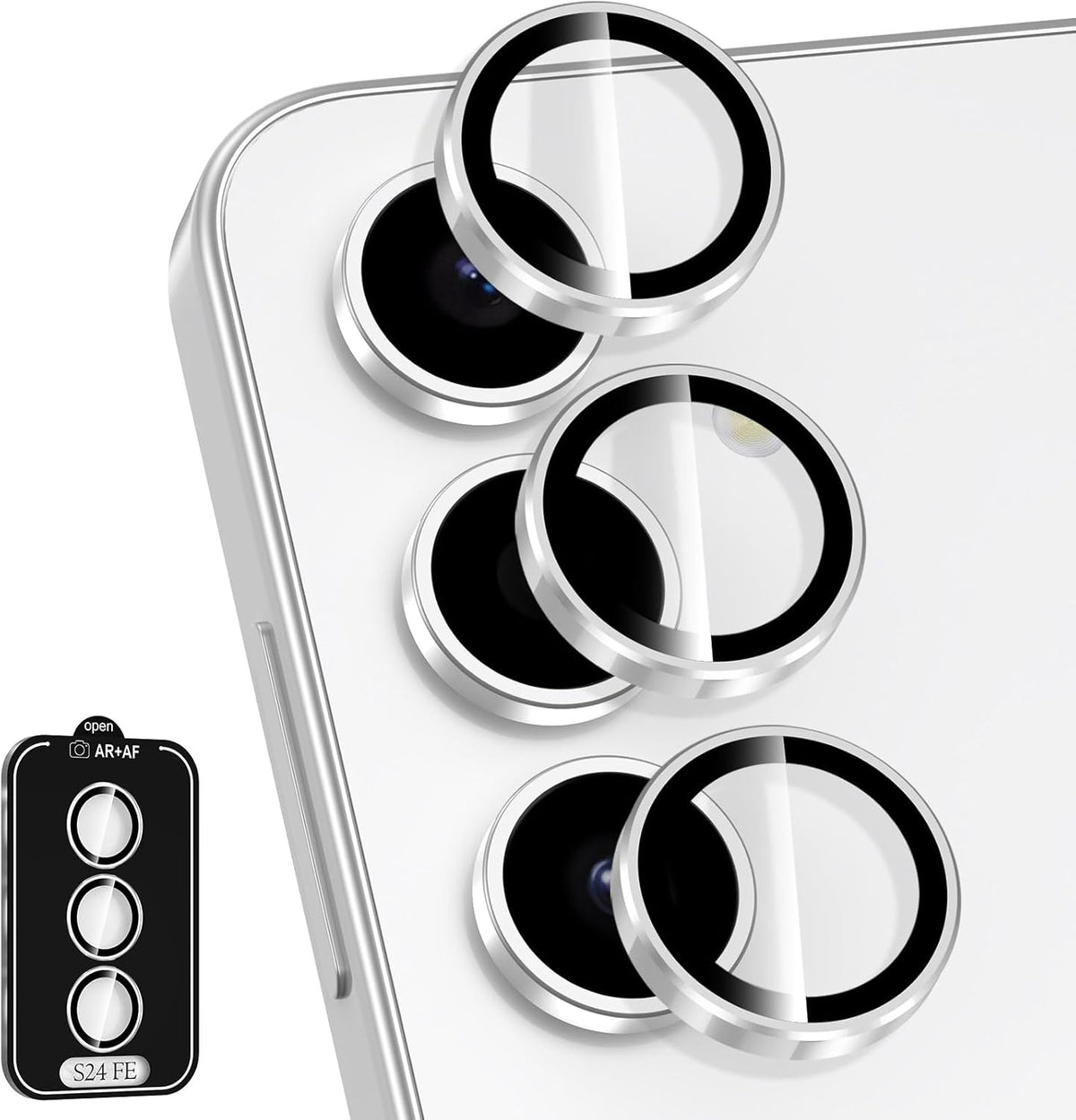 for Samsung Galaxy S24 FE Camera Lens Protector, Individual Metal Ring Tempered Glass Lens Cover, [Strong Adsorption] Scratch Resistant Ultra-Thin HD Clear Lens Cover, 1 Set-Slivery Ring