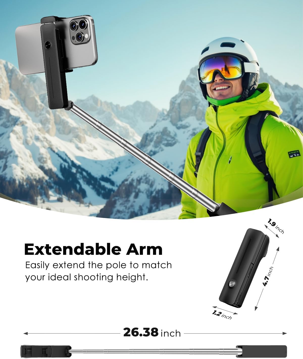 Viozon Portable Selfie Stick, Lightweight Extendable Stainless Steel Tube,All-in-One Compact Selfie Stick with Wireless Remote Compatible with 4-7" iPhone/Android Phones for Vlog/Travel/Filming, Black