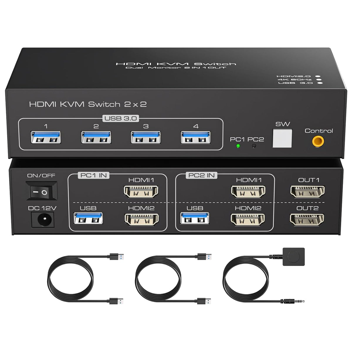 HDMI KVM Switch 2 Monitors 2 Computers 4K60Hz Dual Monitor KVM Switches for Dual PC or Laptops Share 1 Set of Keyboard Mouse Printer Wired Controller and 12V 1A DC Adapter Included