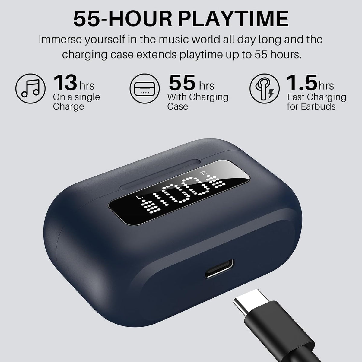 TOZO NC3 Hybrid Active Noise Cancelling Wireless Earbuds with 6 Mics AI Clear Call Ear Buds 55H Playtime with LED Display 32 Preset EQs via APP Bluetooth 5.3 IPX8 Waterproof in Ear Headphones