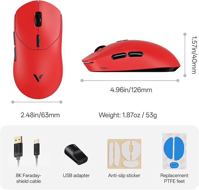 Rapoo VT2 MAX Wireless Gaming Mouse True 8K Wireless Polling Rate 53g Lightweight Up to 750 Hr Battery Nordic nRF54L15 MCU 120-Million Optical Switch 10 Programmable Buttons Macro Enabled