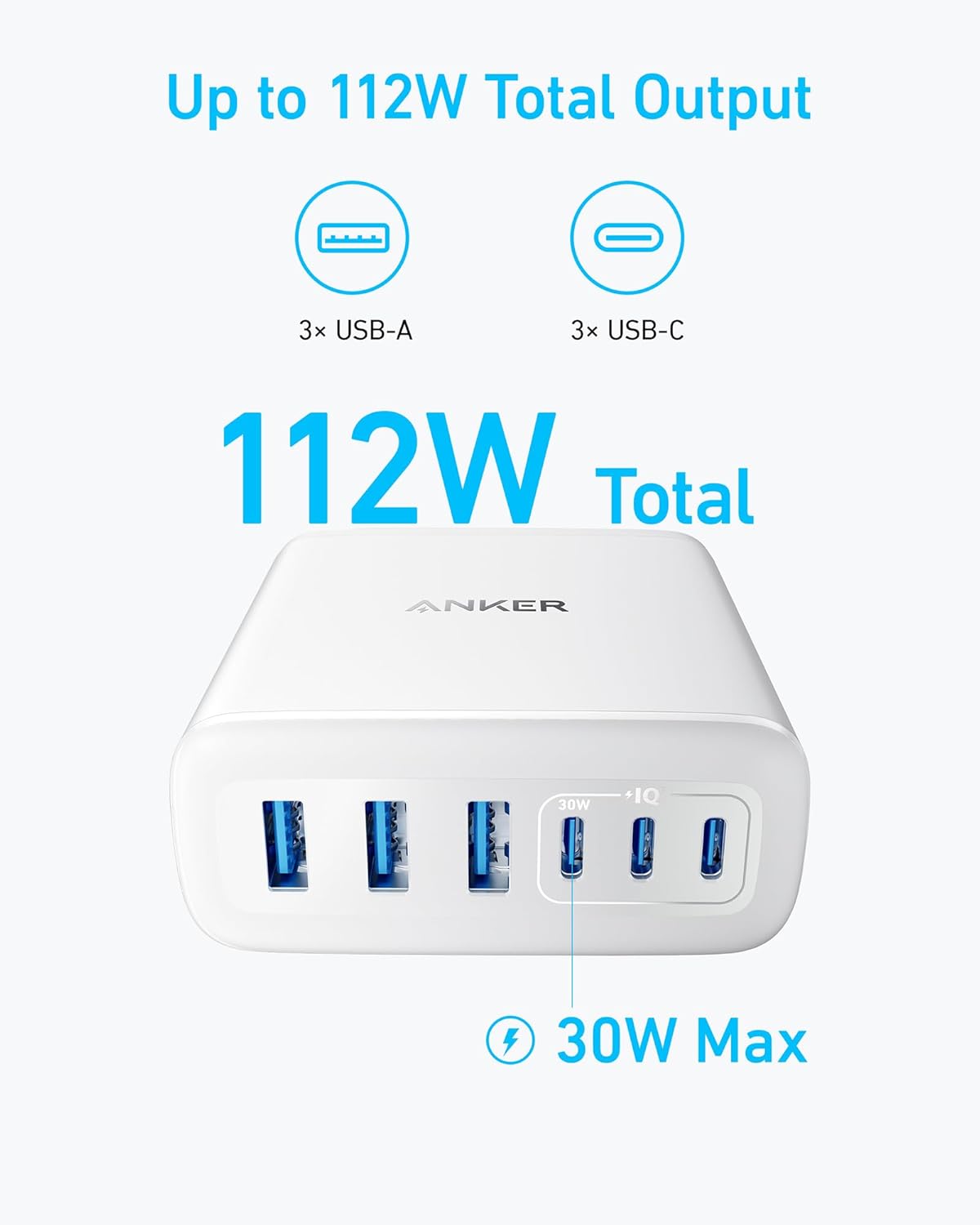 Anker Desktop Charger, Fast Charging USB C Charger, 112W Max 6-Port Charging Station, for iPhone, iPad, MacBook, Samsung and More (Cable Not Included)