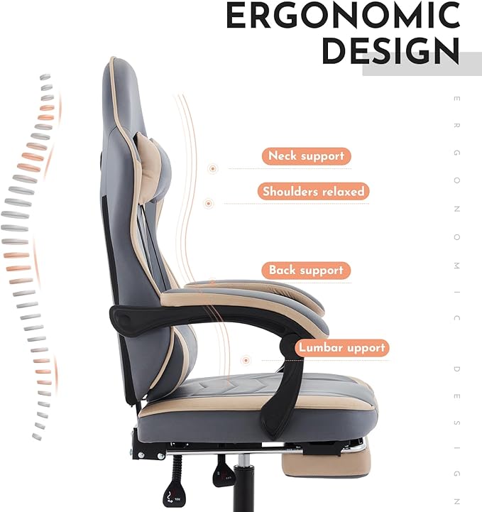 Beige+Blue Ergonomic Gaming Chairs for Adults Swivel Height Adjustable Comfortable Office Desk Chair with Footrest and Lumbar Support PU Upholstered Computer Chair with Headrest (Beige+Blue)