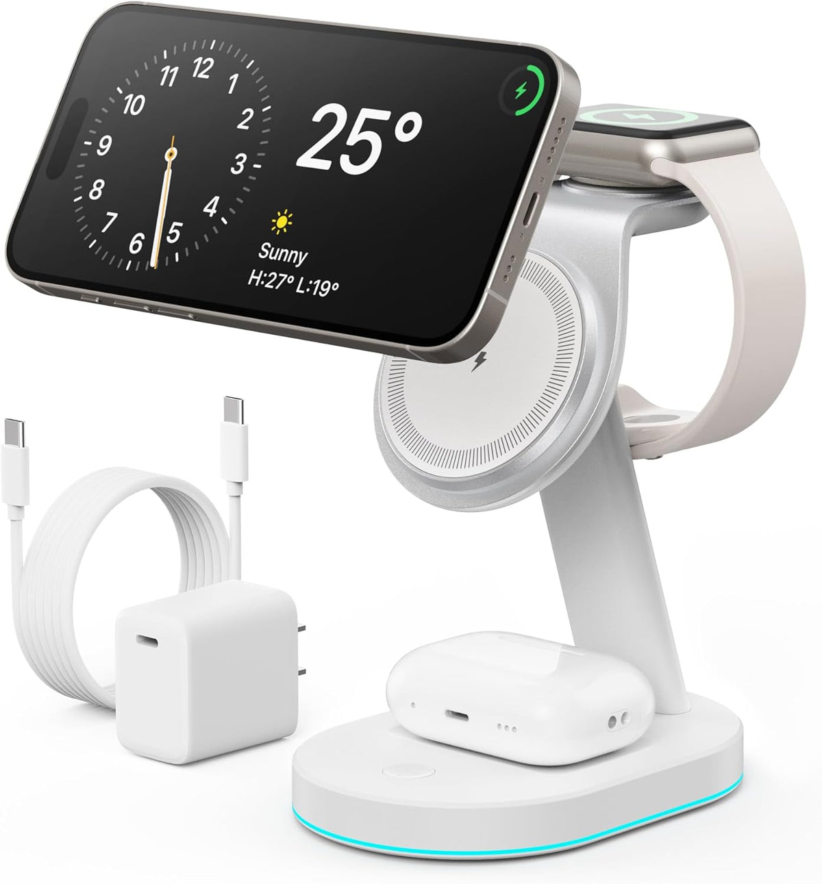 3 in 1 Wireless Charger Charging Station for iPhone,Qi2 Certified 15W Magnetic Charging Stand for Mag-Safe with 30W USB C Adapter&Friendly Night Light for iPhone 16/15/14/13/12,Apple Watch,AirPods