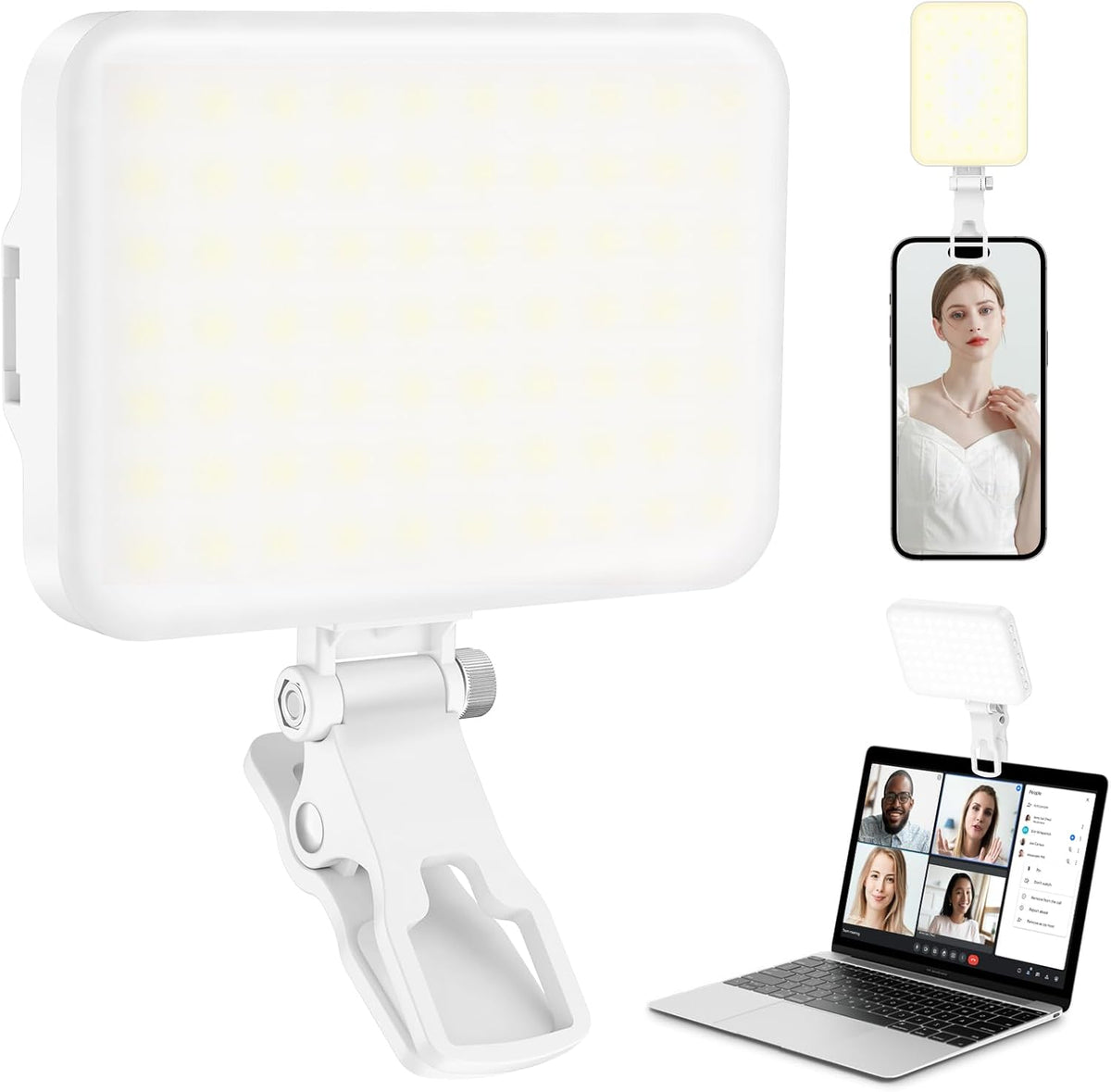 60 LED Portable Selfie Light Video Conference Lighting with Clip & Camera Tripod Adapter Rechargeable 2200mAh CRI 97+, 9 Light Modes for Phone iPhone Webcam Laptop Photo Makeup