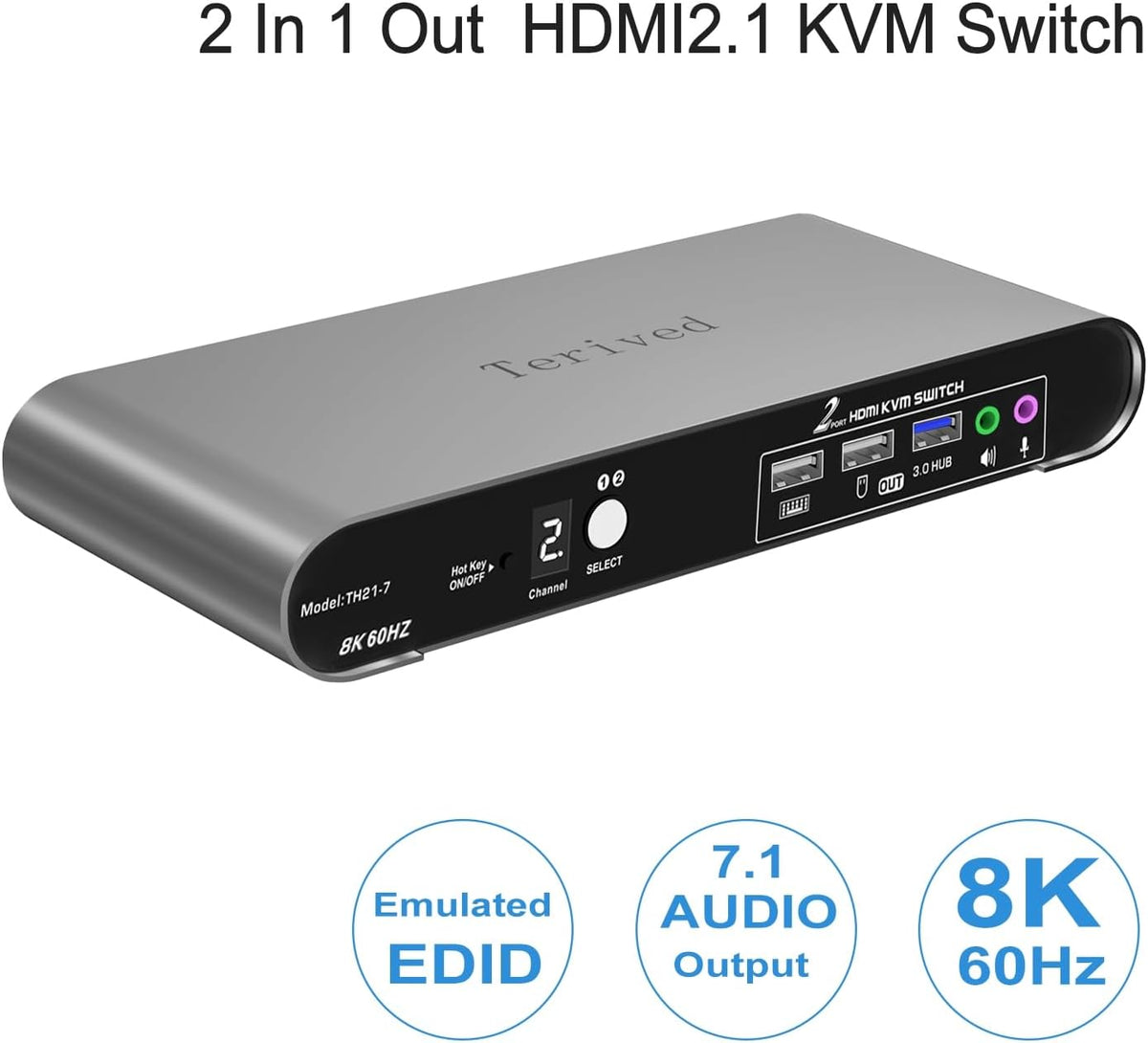 2 Computers 1 HDMI Monitor Automatic KVM Switch 8K@60Hz, Hotkey Switching, EDID, Support 5.1/7.1 Audio and Microphone, Aluminum Shell with Digital Display, USB 3.0 Hub, HDR10 with Cables