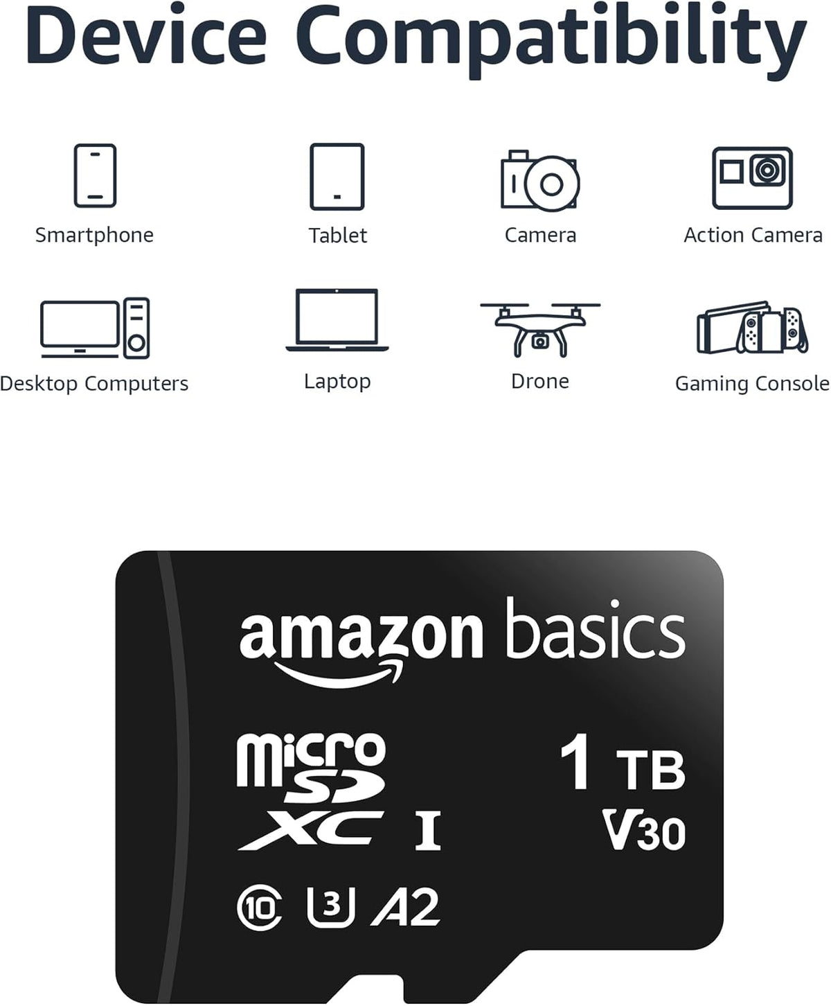 Amazon Basics microSDXC Memory Card with Full Size Adapter, A2, U3, Read Speed up to 100 MB/s, 1 Tb, Black